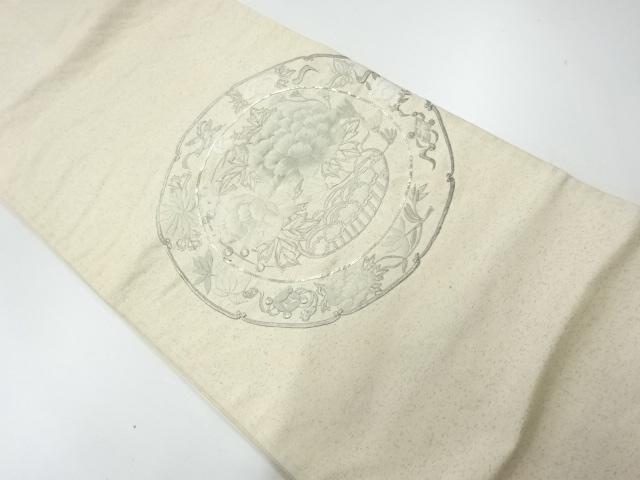 アンティーク　絵皿に草花模様刺繍袋帯（材料）